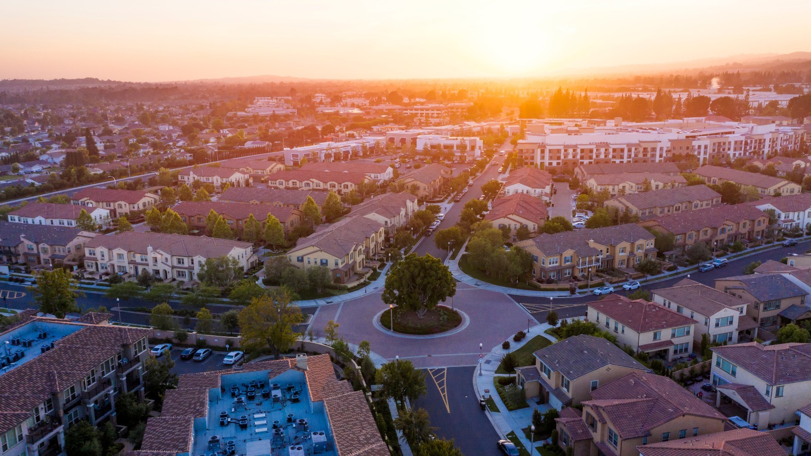 Aerial view of real estate in Brea, California with sunset in the background
